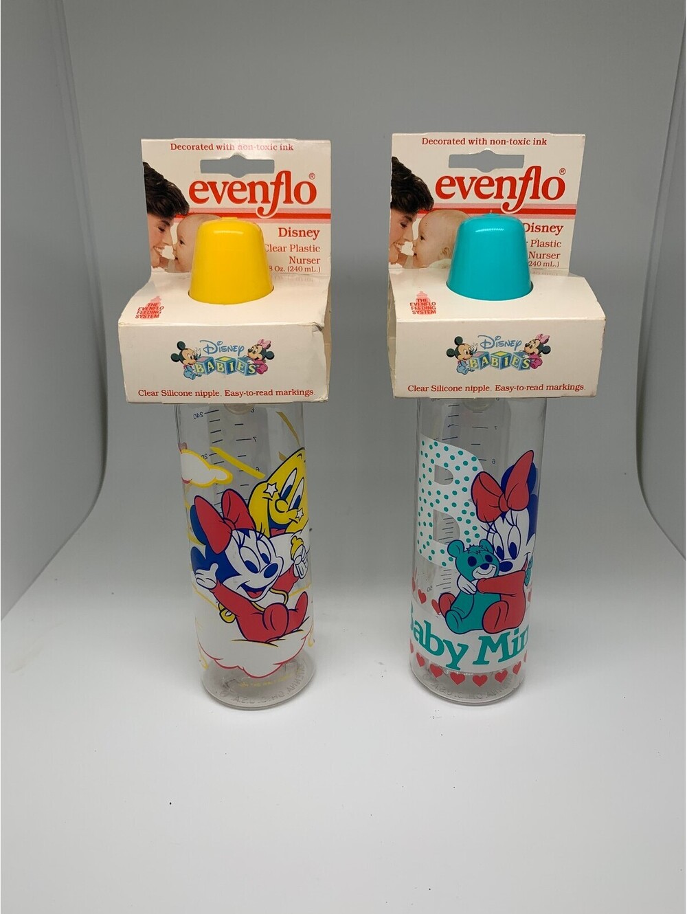 Vintage 1984 Evenflo Disney Babies Clear Plastic Baby Nurser Bottles